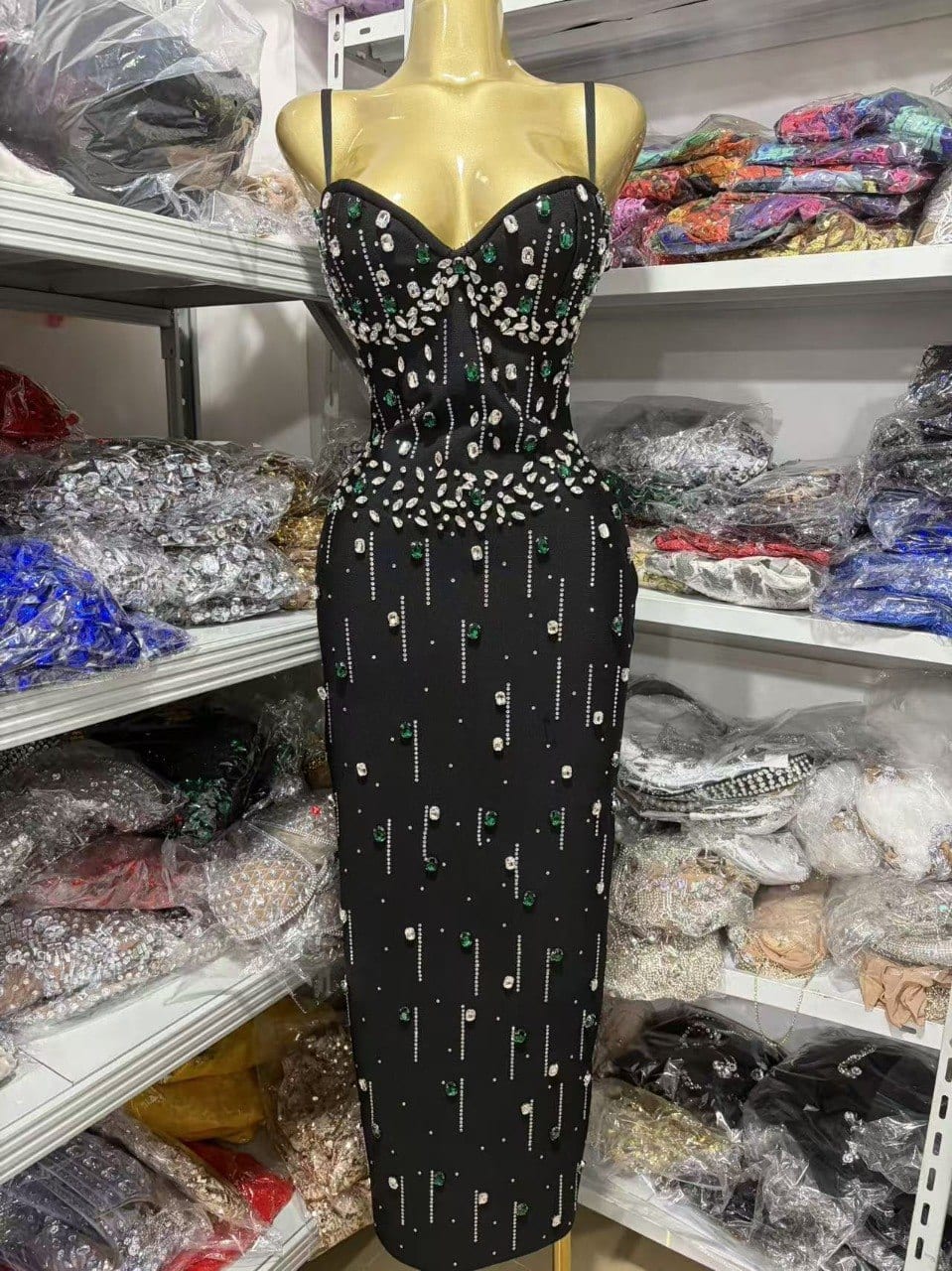 Black Crystal Corset Gown in Black