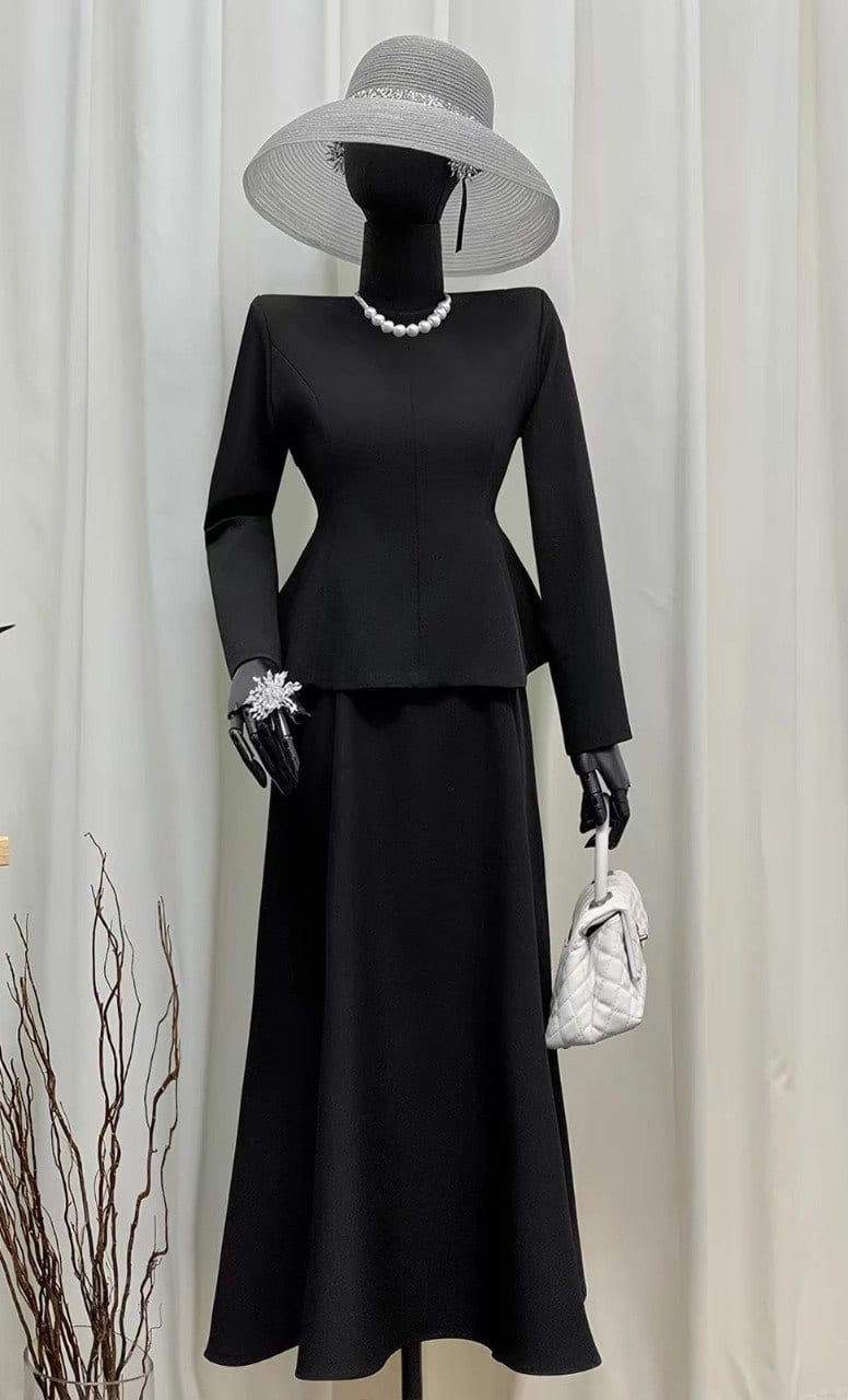 Black Peplum Midi Set in Black