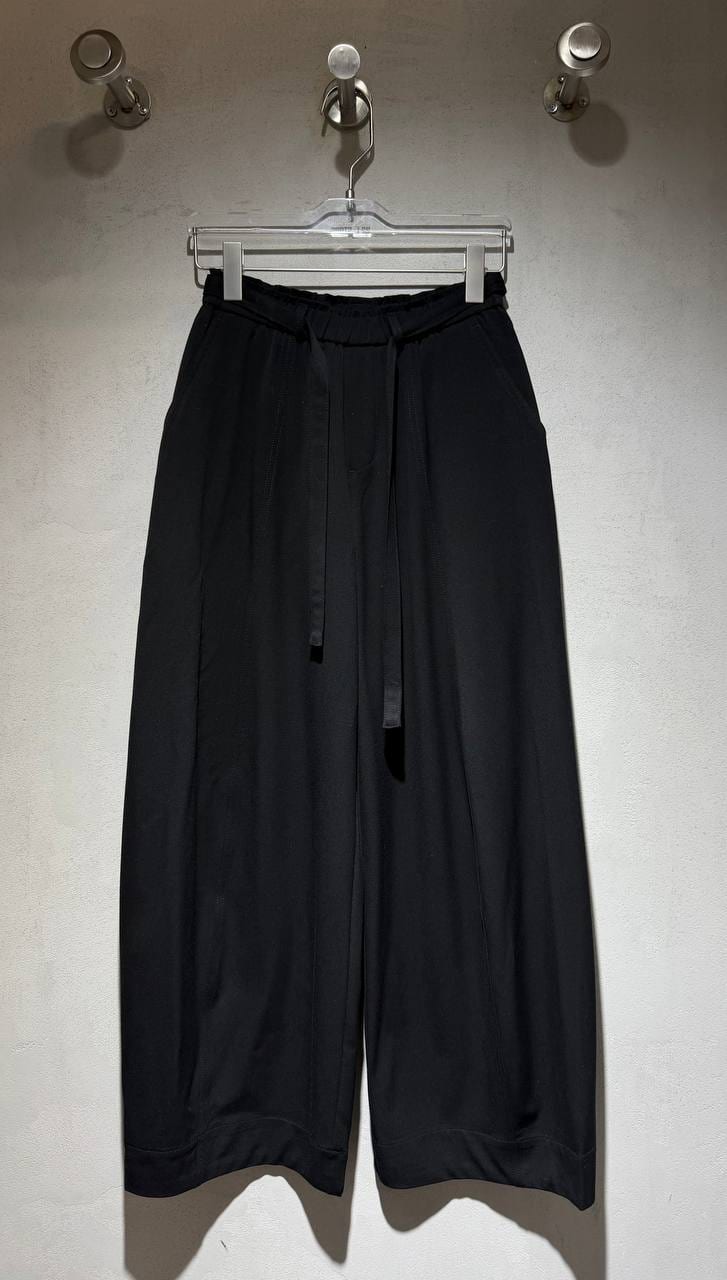 Black Tie-Waist Wide-Leg Trousers in Black