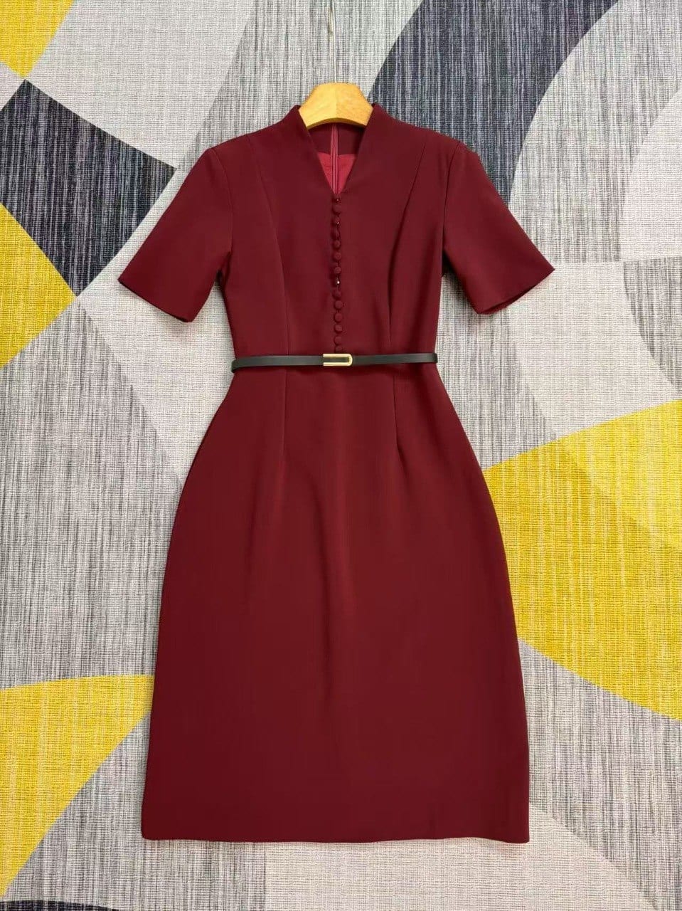 Burgundy Belted Midi Dress in Burgundy