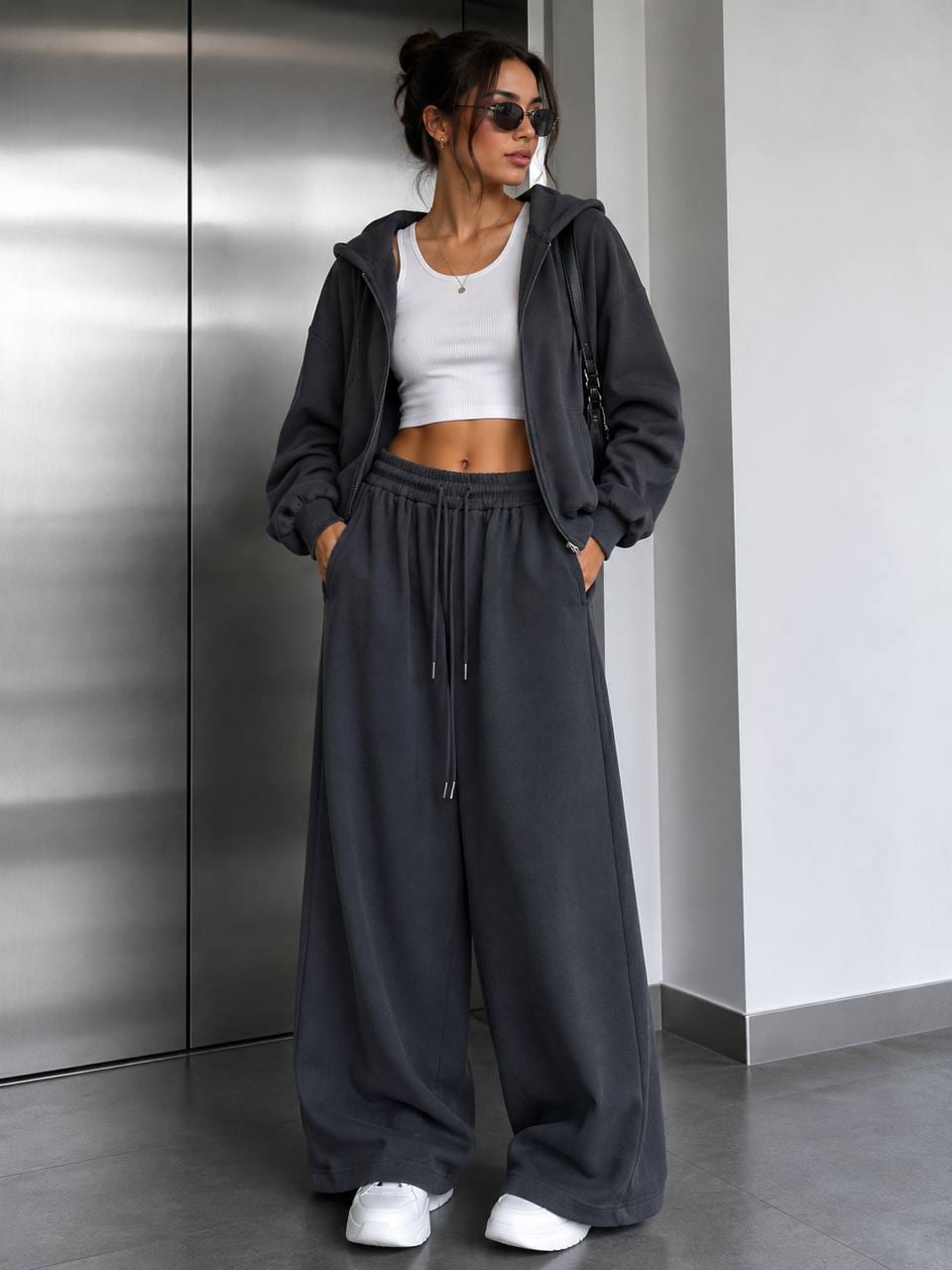 Charcoal Drawstring Wide-Leg Trousers in Charcoal
