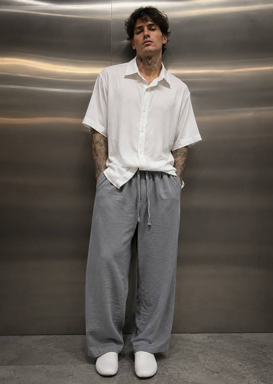 Grey Linen Wide-Leg Trousers in Grey
