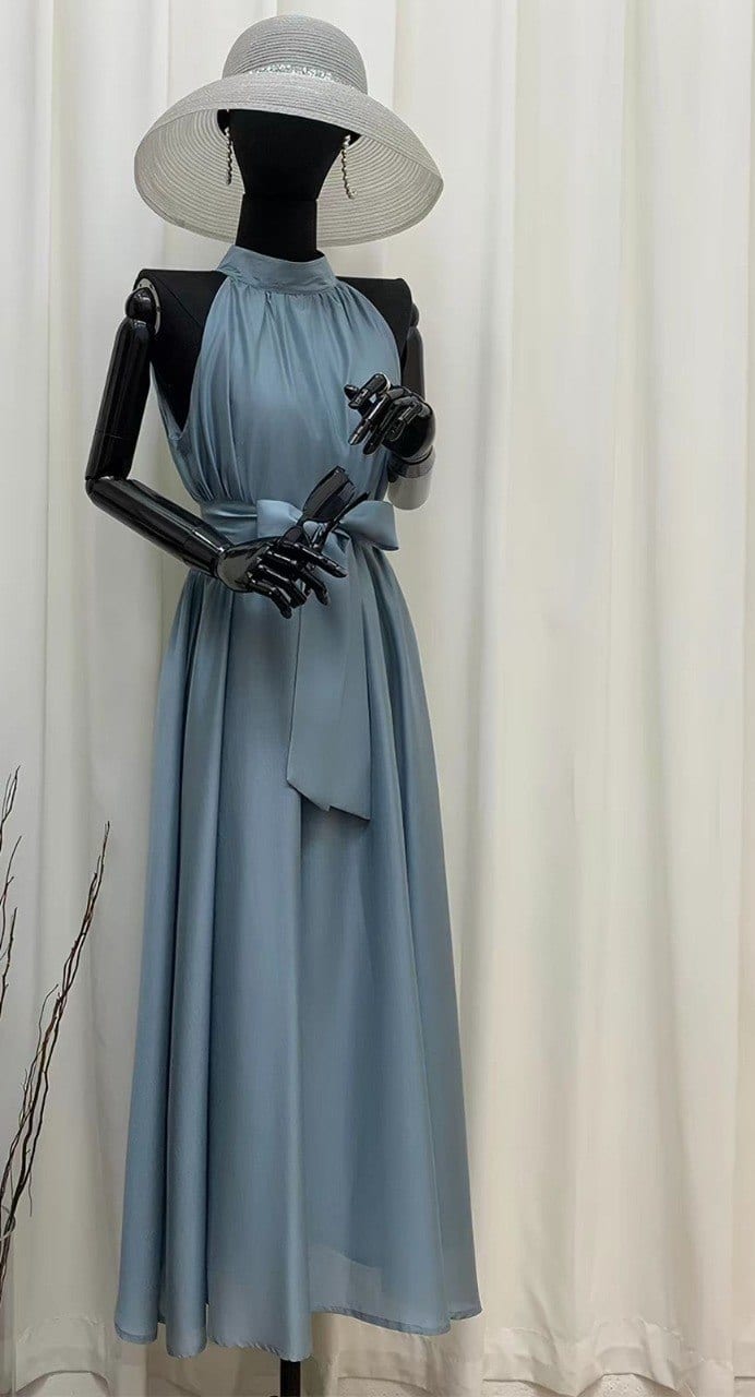 Powder Blue Satin Midi Dress in Powder Blue