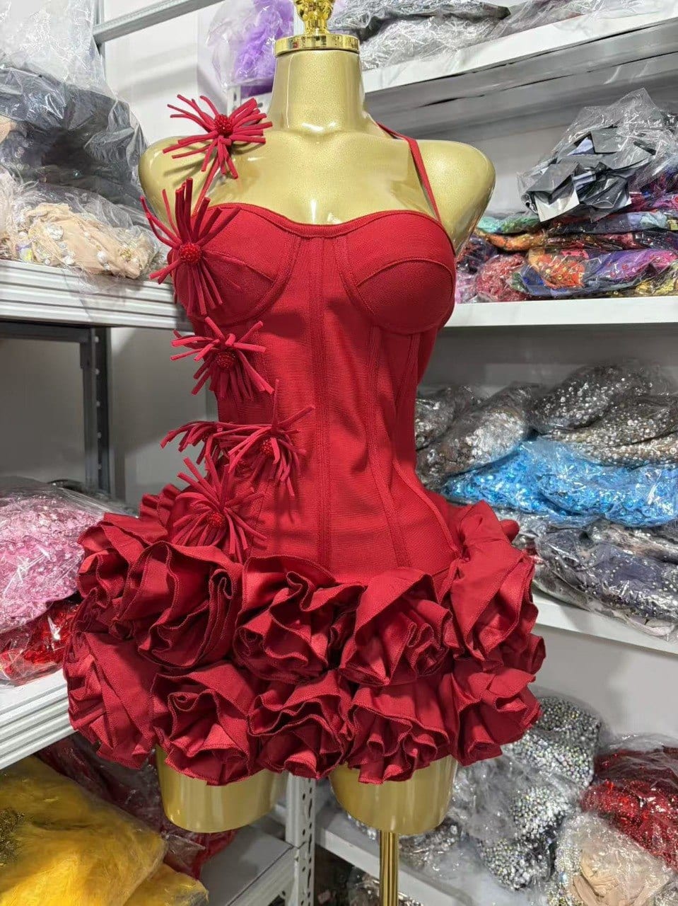 Red Ruffle Corset Dress in Red
