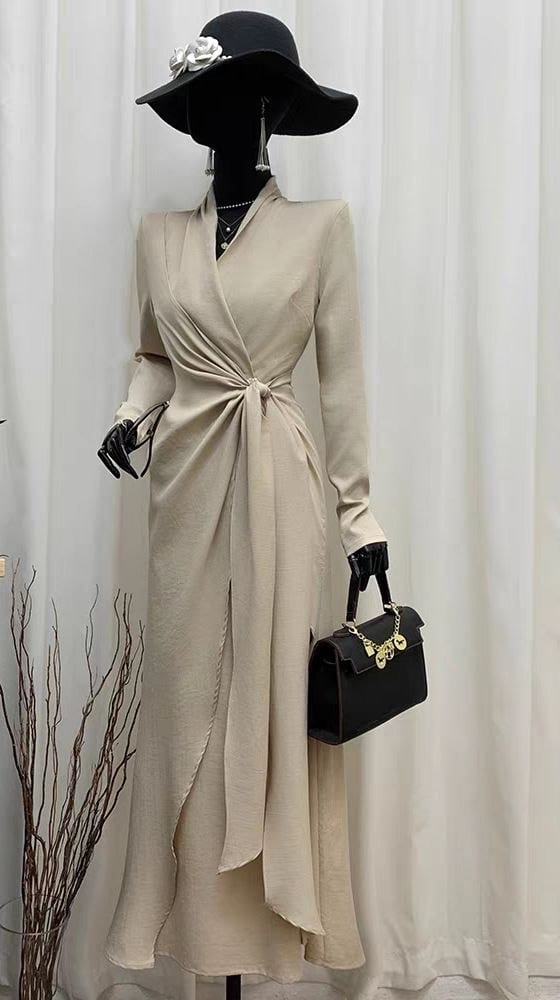 Satin Wrap Midi Dress in Champagne