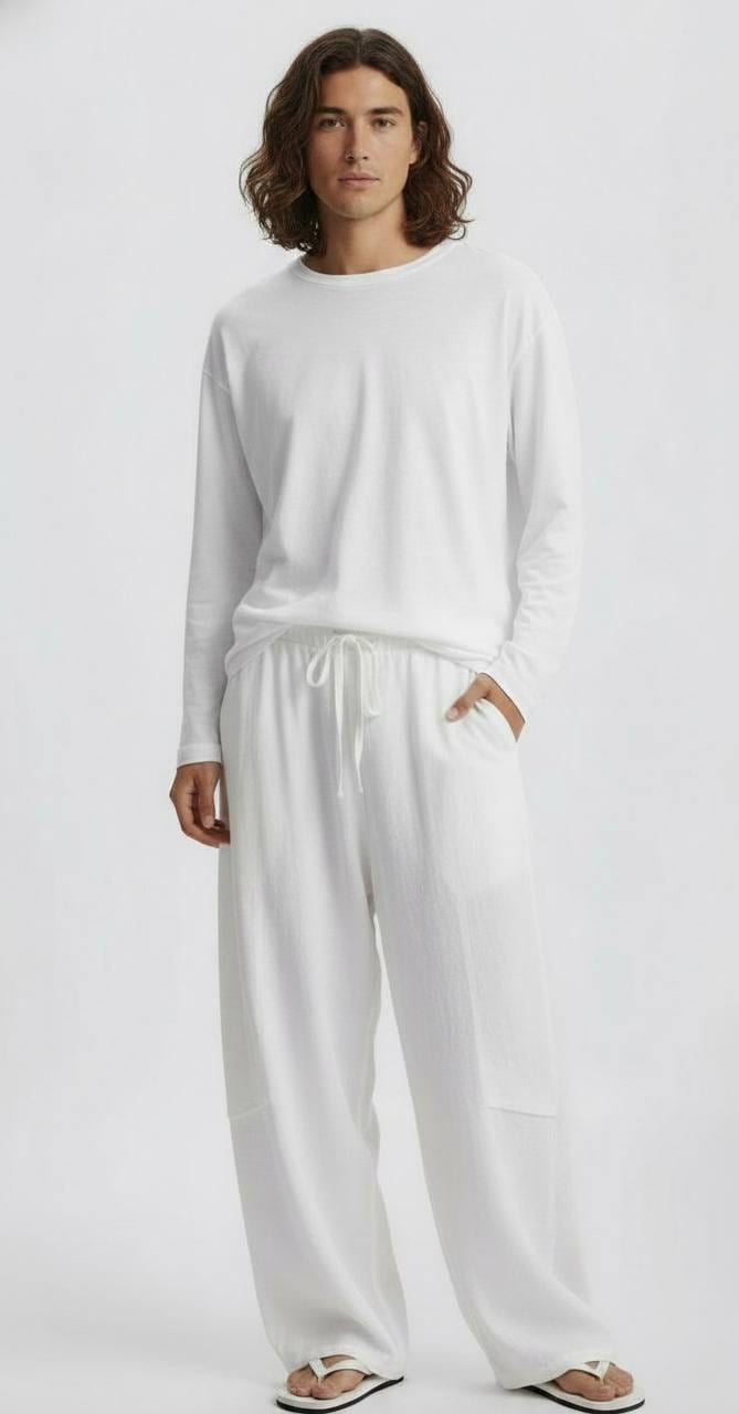 White Linen Drawstring Trousers in White